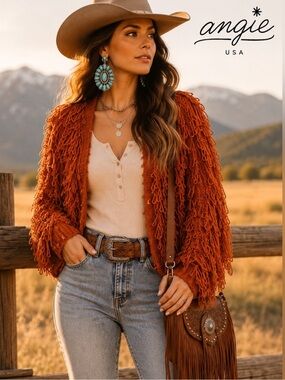 Angie Rust Loop-Trim Crochet Pullover Sweater